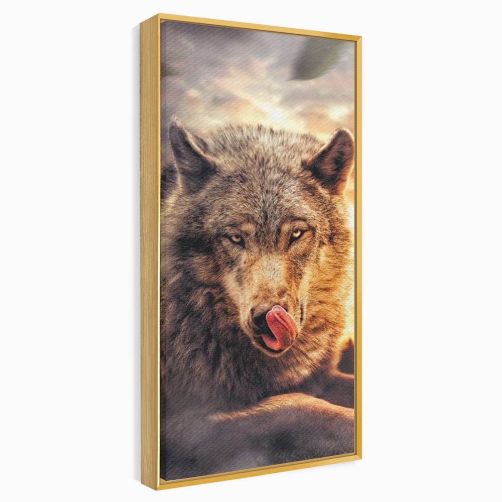 Tablou canvas cu tablou canvas cu lup salbatic la apus, in rama de aluminiu auriu